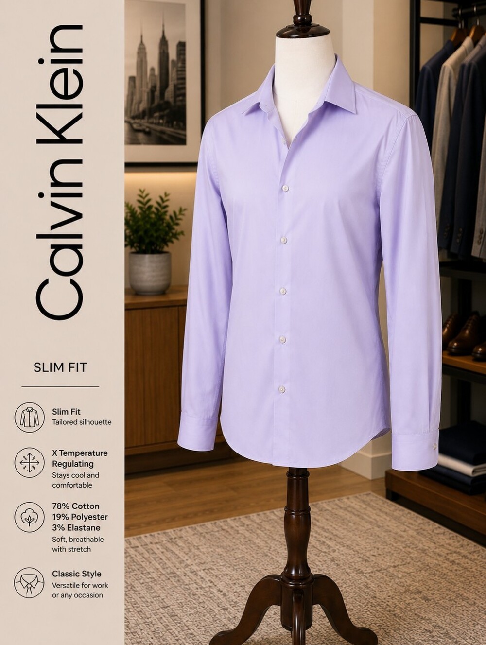 Calvin Klein Men’s Slim Fit Lavender Dress Shirt | Temperature Regulating